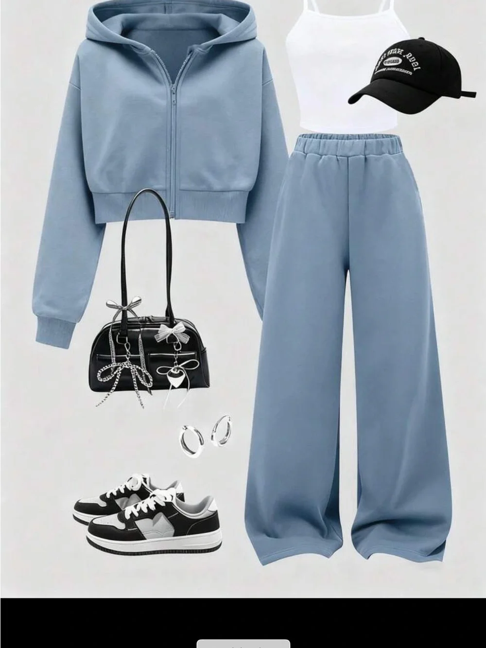 SHEIN Light Blue Cropped Hoodie & Wide-Leg Pants Set with White Tank